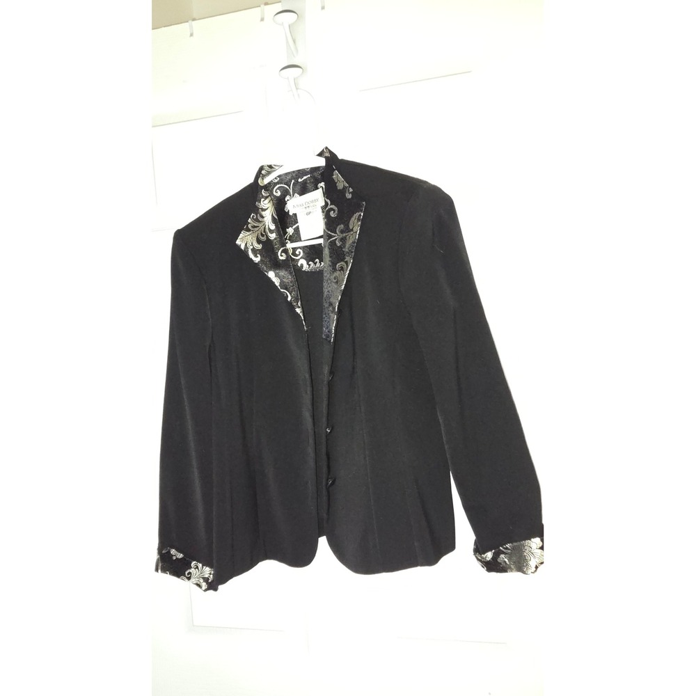 Miss Dorby Petite Black Blazer Silver Brocade Collar Cuffs Jacket 6P